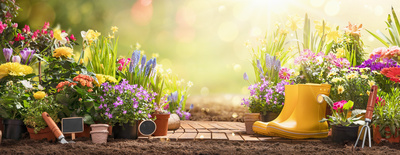 Frühlingsblumen mit Planztöpfen und Zubehör